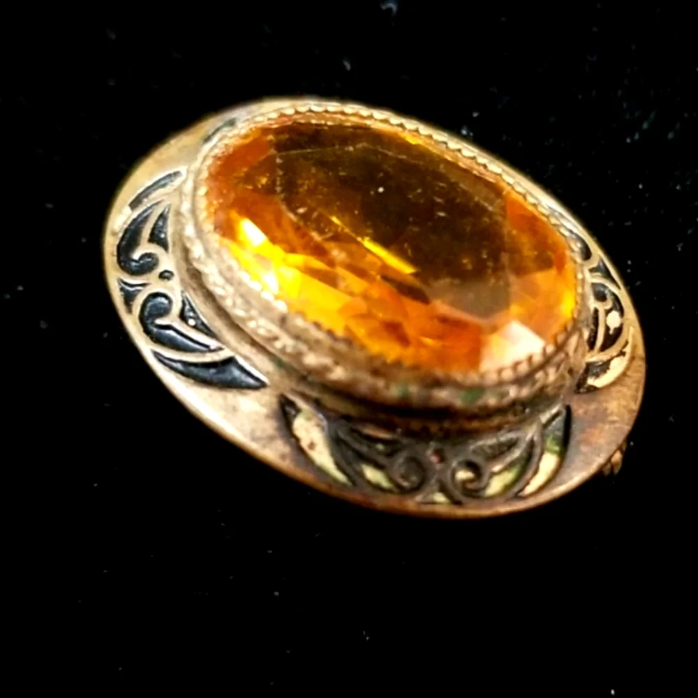 Vintage 1920s Art Deco Amber Citrine Glass Gold Tone Brooch - Picture 7 of 12